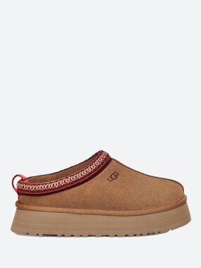 UGG Women’s Chestnut Suede Slip-On Slippers with Red Trim